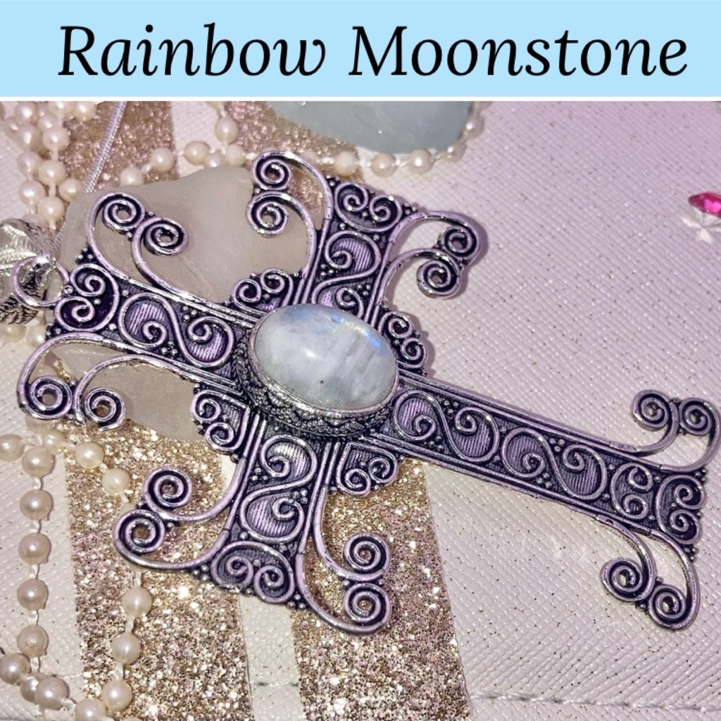 Rainbow Moonstone Gemstone Huge Handmade Cross Pendant Necklace 40$